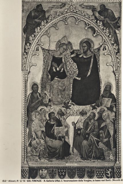 Alinari, Fratelli — Firenze - R. Galleria Uffizi. L'Incoronazione della Vergine, in basso vari Santi. (Niccolò di Pietro Gerini) — insieme